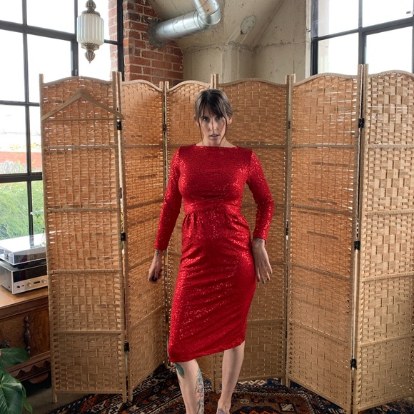 Vintage 80s 90s Retro Red Sequin Cocktail Dress - Picture 2 of 7